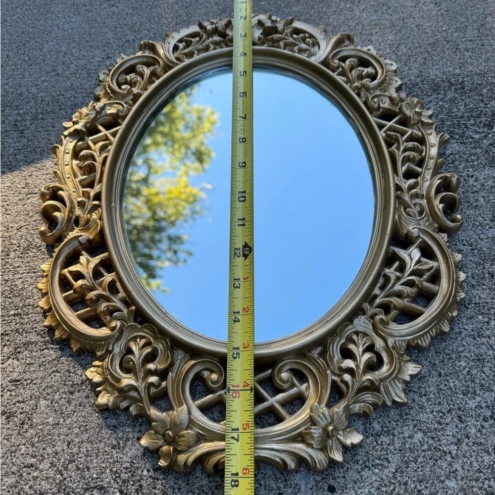 Mid-Century Hollywood Regency Gold Ornate Mirror Wood Floral Velvet Back 18x14”